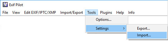 Import Settings to Exif Pilot